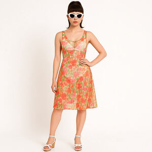 Vintage Sheer Mesh Colorful Floral Dress 80s 90s Fit & Flare Retro Mod Dopamine